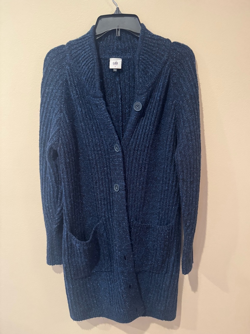 CAbi Navy Ribbed Long Button Up Cardigan Sweater with Pockets
